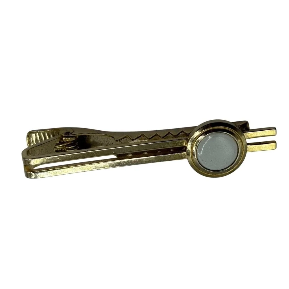 Tie Clip Bar Gold Tone White Enamel Round Open Lines Classic VTG Minimalist Mens